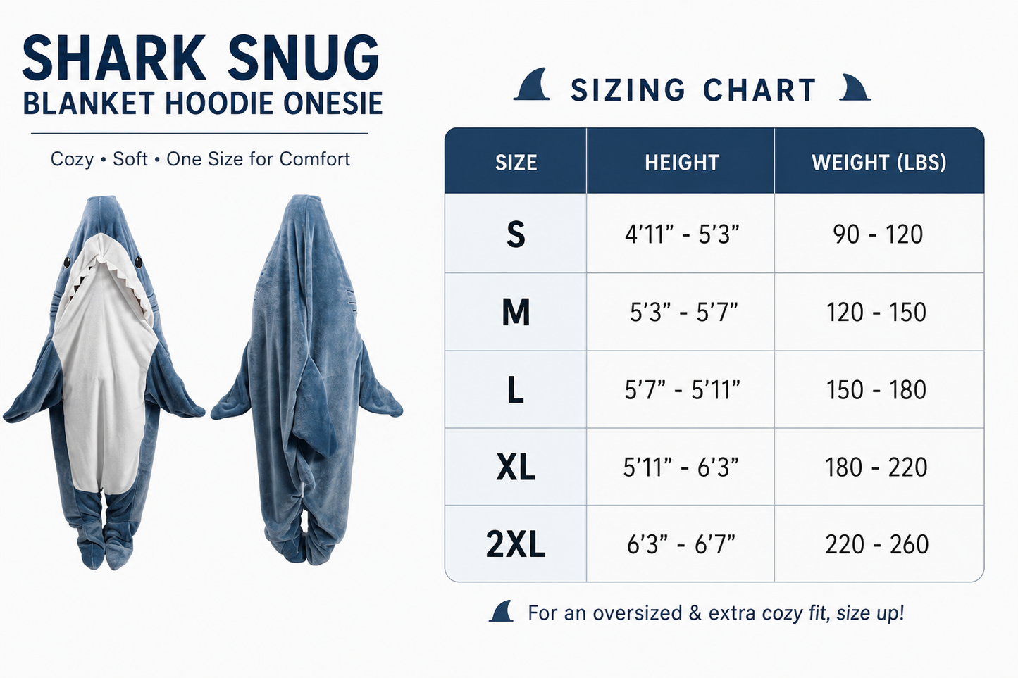 Snuggle Shark Onesie details and size chart