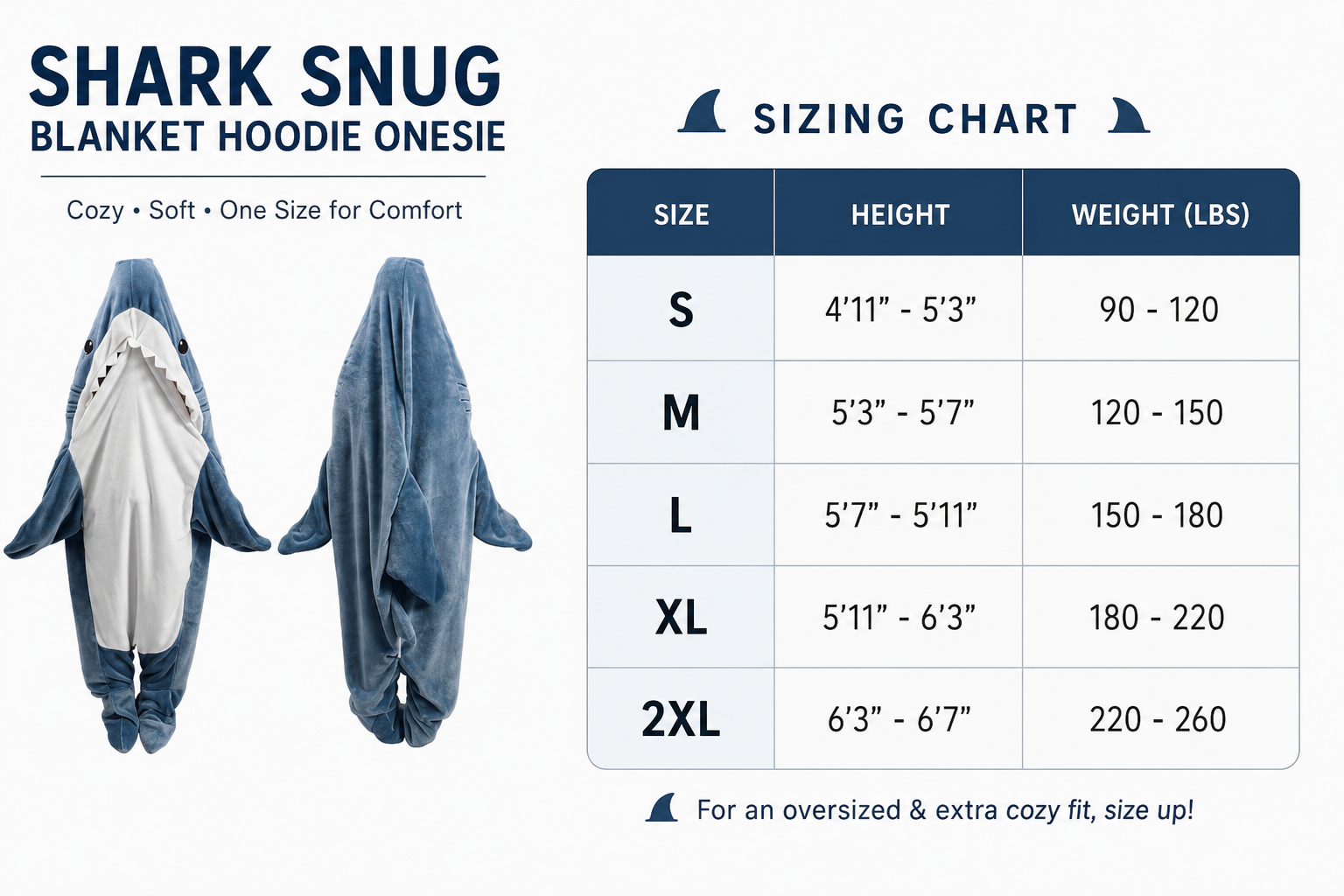 Snuggle Shark Onesie details and size chart
